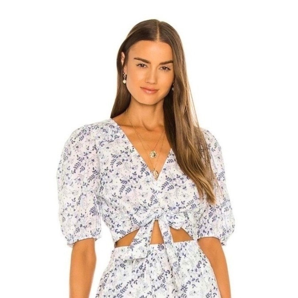 Cleobella Floral Organic Cotton Tie Front Crop Top Women Size S Cottage Peasant